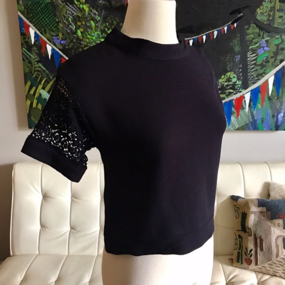 NEW Zara Midnight Navy Blue Short Lace Sleeve Top Shirt